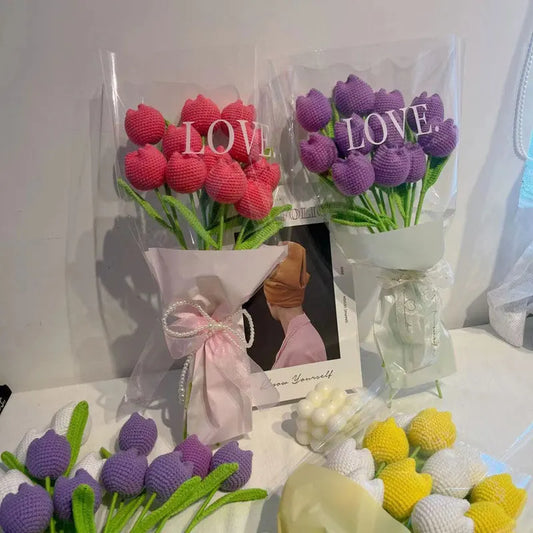 Gehäkelte Rose oder Tulpe z.B. als Blumenstrauß / Handgewebter Strick-Sonnenblumen-Herz Hochzeitsdekoration Heimtischdekoration