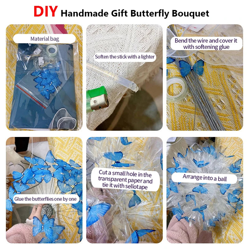 DIY-Schmetterlingssträuße, handgefertigt, Schmetterlingsblumen-Materialpaket, Blumenstrauß mit Lichterkette, Hochzeitsdekoration, Geschenk für Freundin