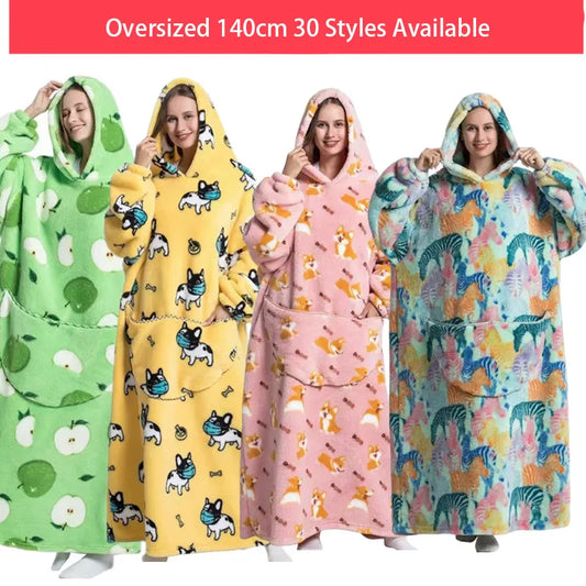 Gemütliche Flanell-Hoodie-Decke für den Winter - Übergroßer tragbarer Fleece-Kapuzenpullover für Erwachsene und Kinder